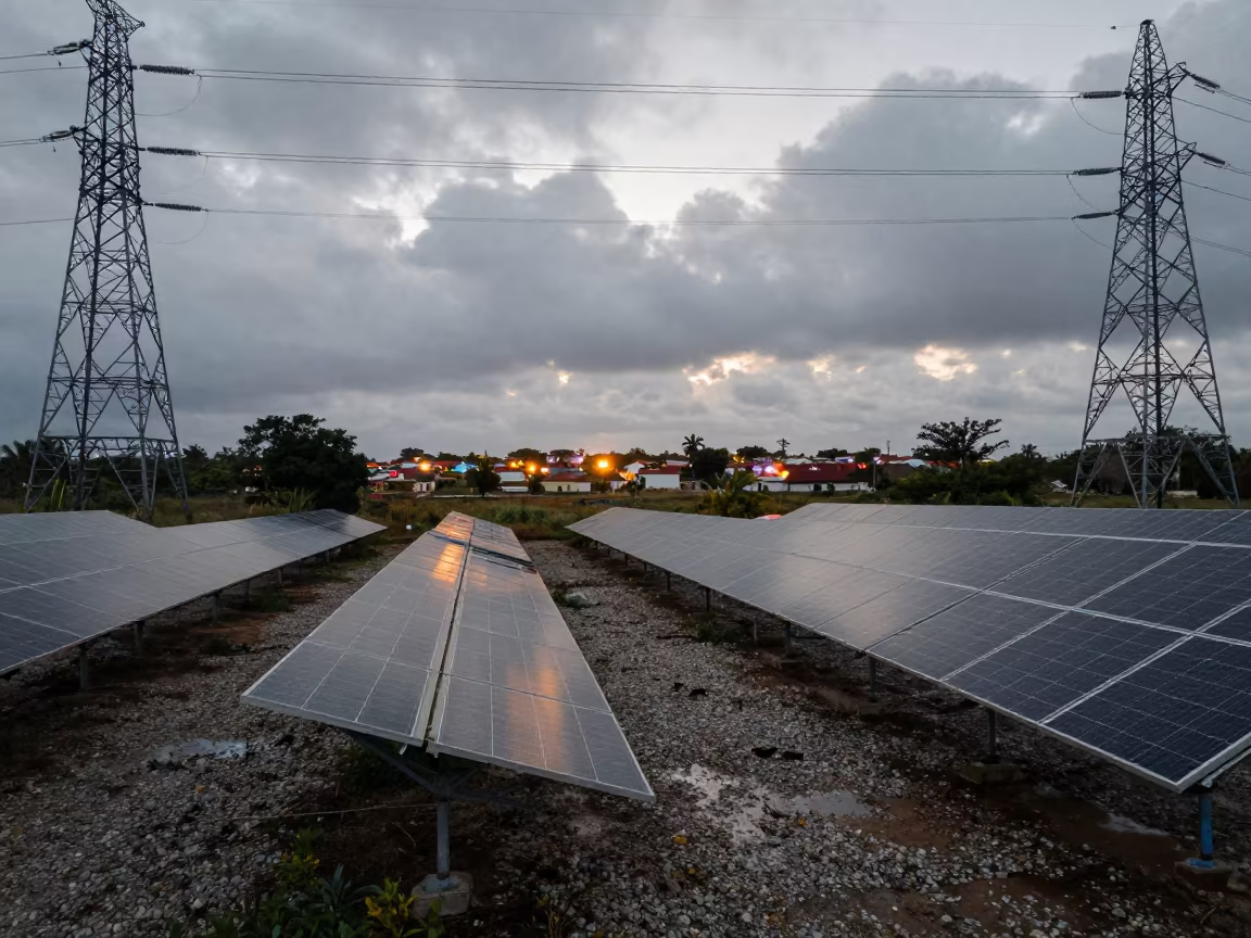 Cuban Solar Array Under Twilight Skies in beneath transmission towers in Cuba