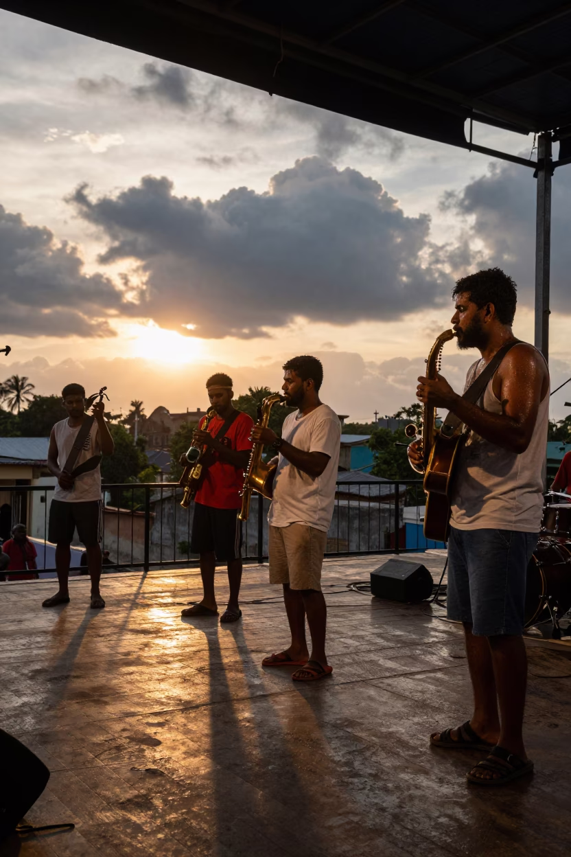 Cuban Son Band on Akola Stage Sunset Shadows in on a dimly lit stage in Akola