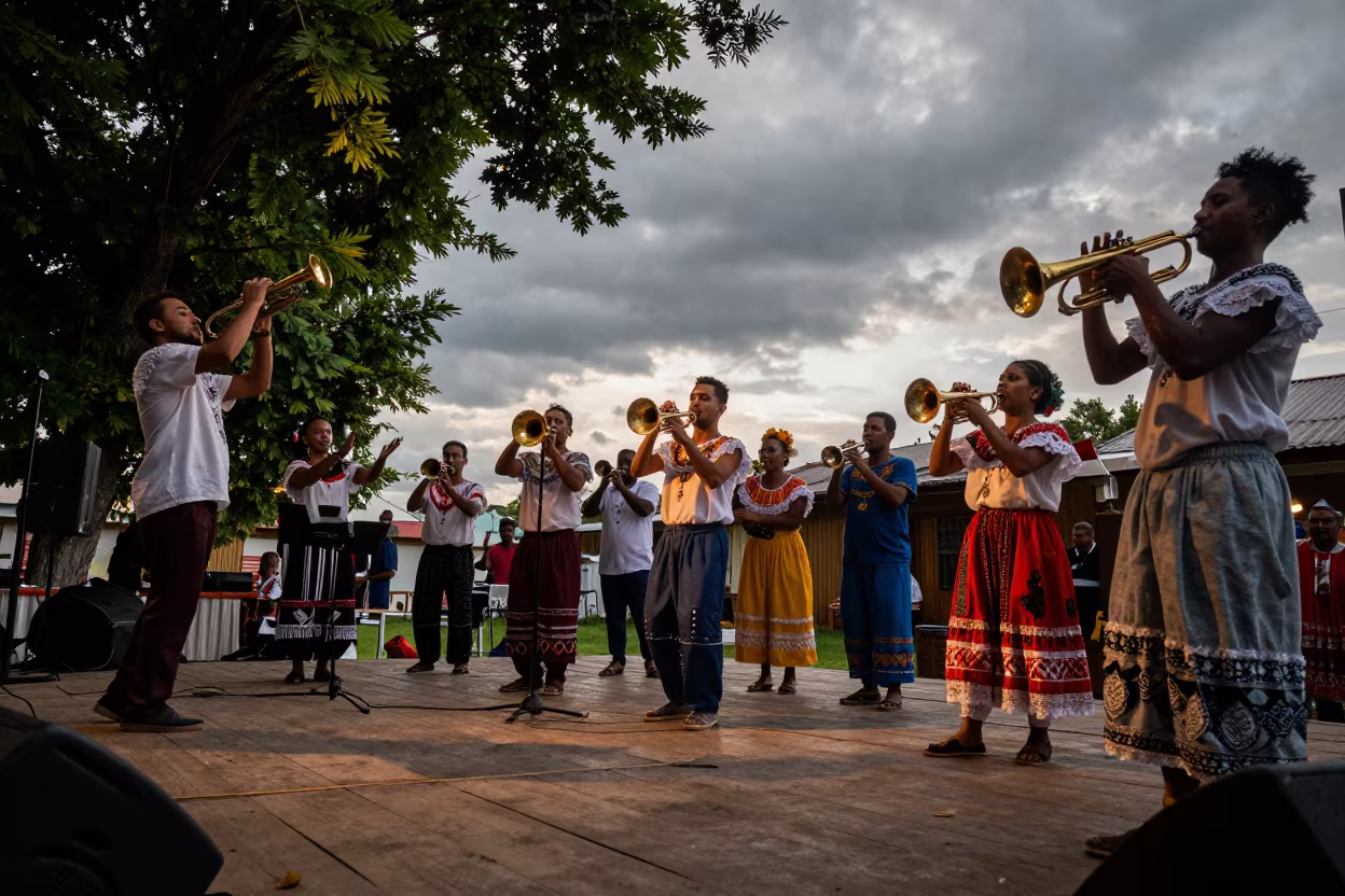 Cuban Son Band Performing on Tuzla Stage in on a dimly lit stage in Tuzla