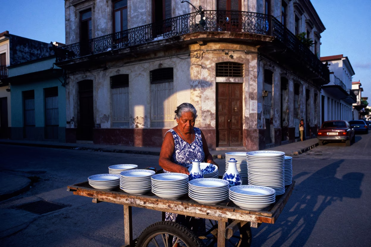 Cuban Street Vendor Selling Blue and White Porcelain in Havana Twilight in in Havana, Cuba