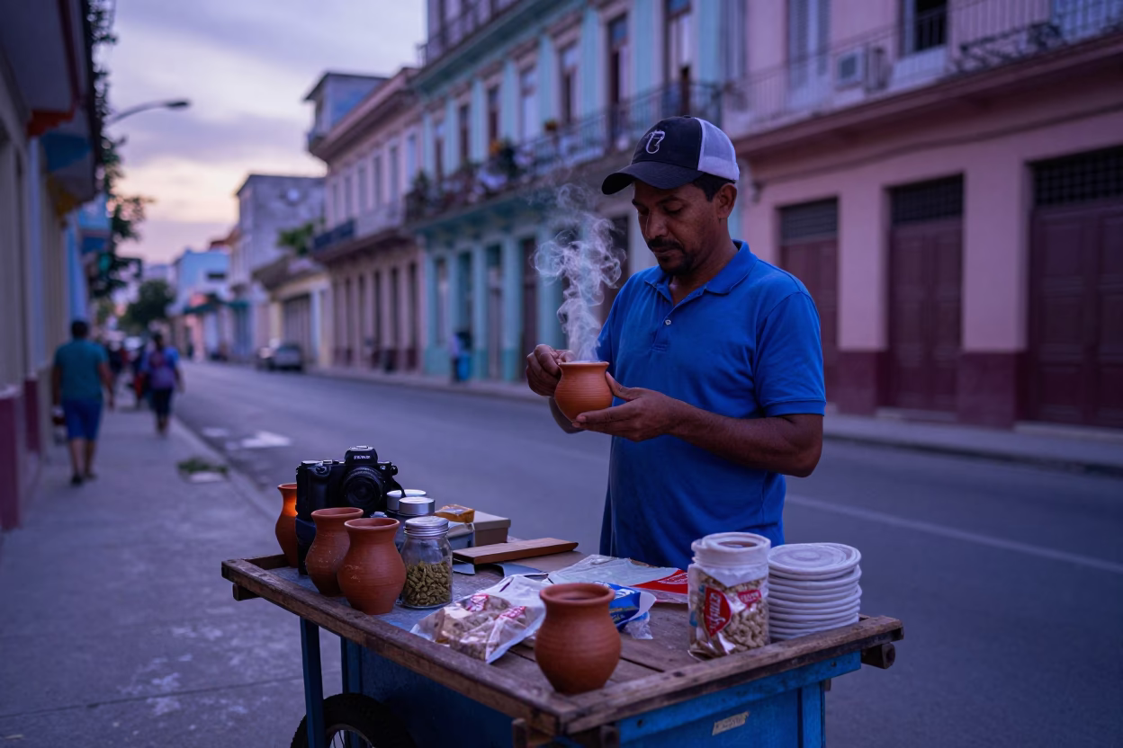 Cuban Street Vendor Selling Chai Spices in Havana Indigo Twilight in in Havana, Cuba