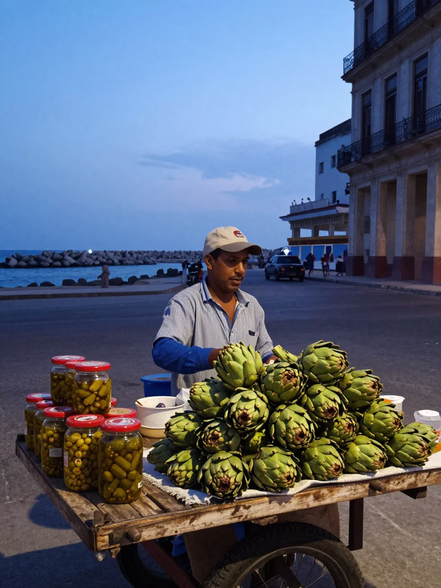 Cuban Street Vendor Selling Fresh Artichokes and Pickles at Dawn in Havana Harbor in in Havana, Cuba