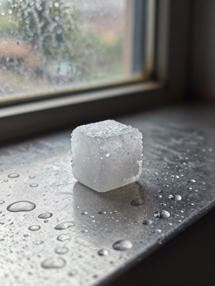 Cubic Salt Crystal on Rain Beaded Metal in across a rain-beaded metal surface in Okara