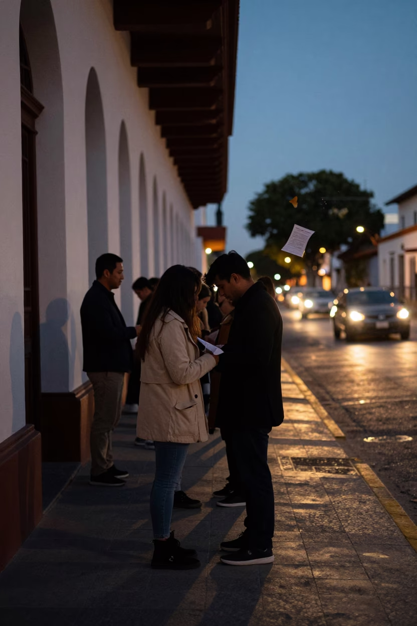 Cuenca Marriage License Queue at Dusk in in a courthouse corridor near Cuenca