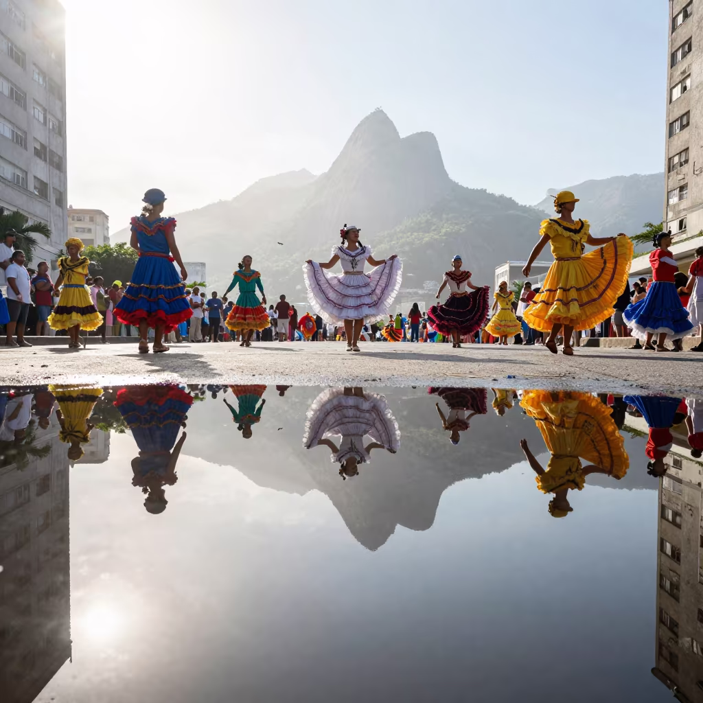 Cumbia Dancers on Rio Mirror Water Noon in near Centro, Rio de Janeiro