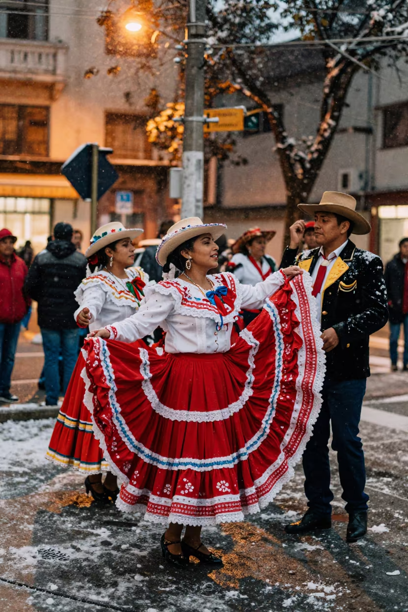 Cumbia Dancers in Snowy São Paulo Evening in near São Paulo