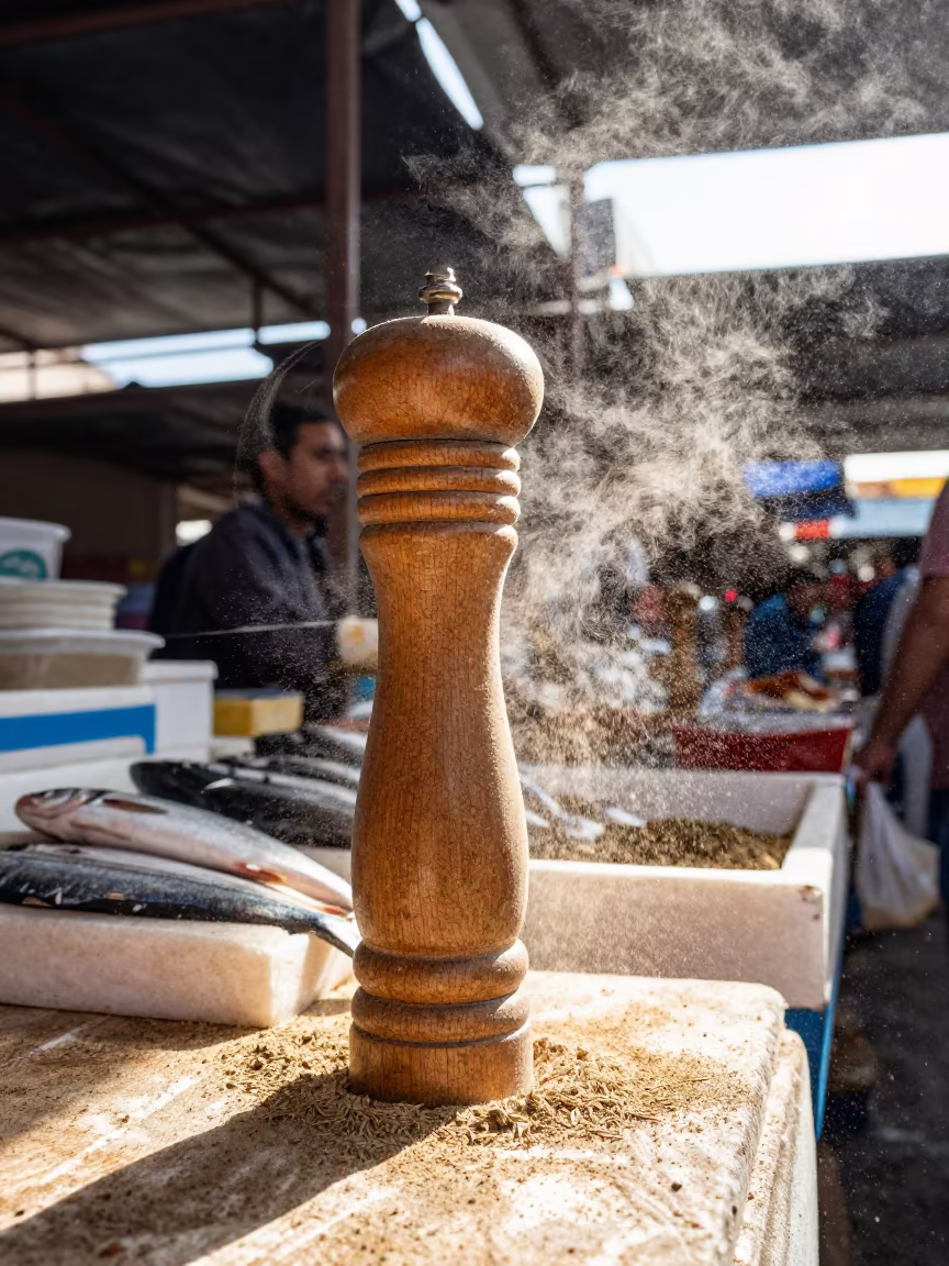 Cumin Dust Rising at Puebla Spice Market in beside a fish counter in Puebla
