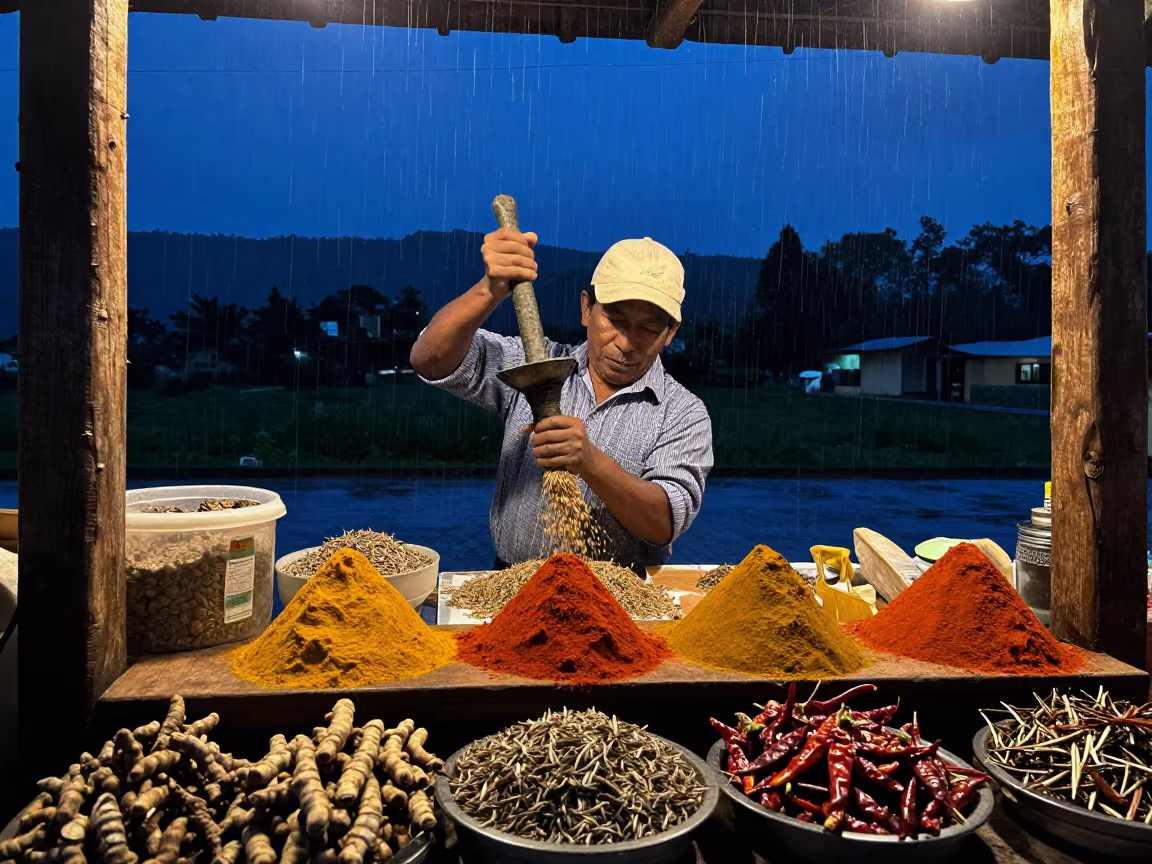 Cumin Dust Rising in Tarapoto Market Twilight in at a spice vendor's table in Tarapoto