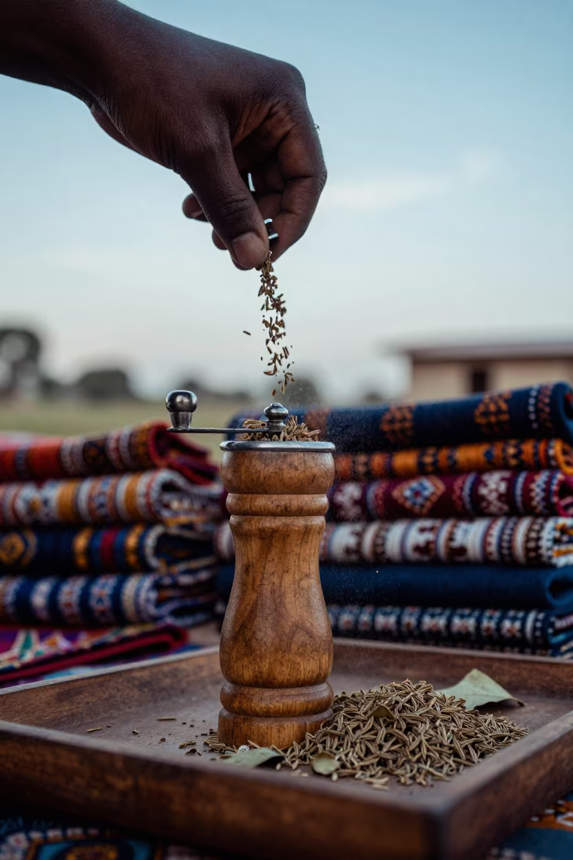 Cumin Spice Grinder at Kitale Market Stall in at a textile trader's stall in Kitale