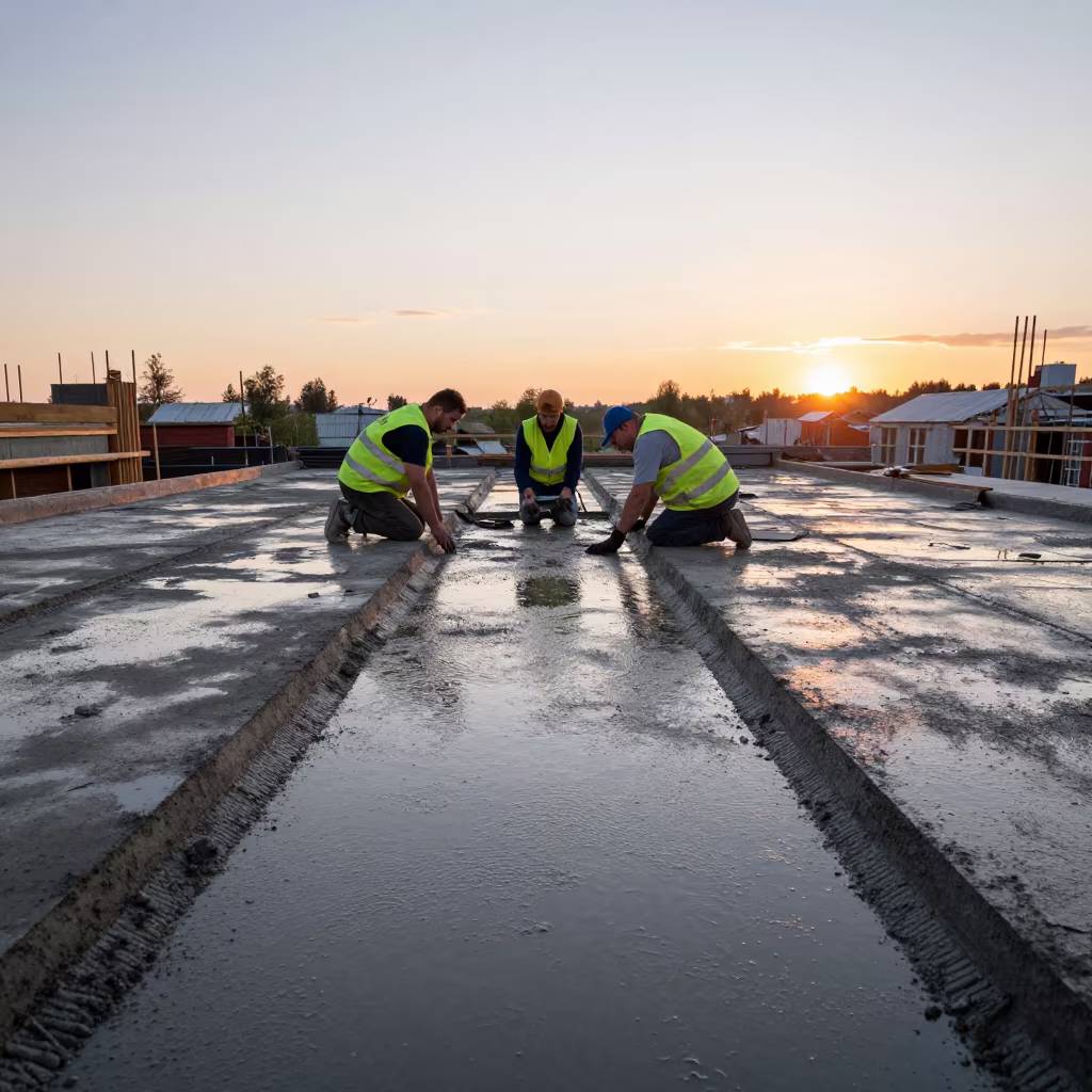Curb Crew Kneeling on Fresh Concrete at Sunset in on an active construction deck in Yekaterinburg