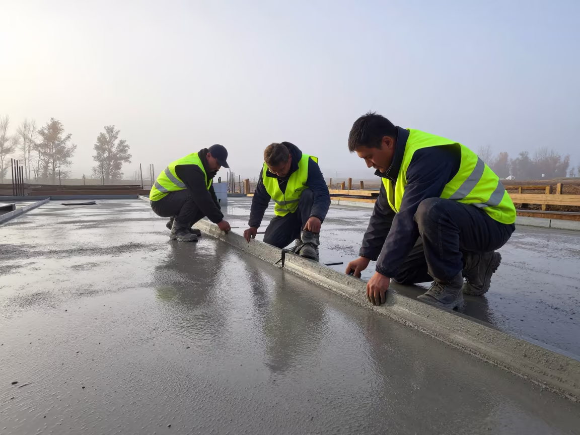 Curb Form Crew Kneeling on Concrete at Dawn in on an active construction deck in Saskatchewan
