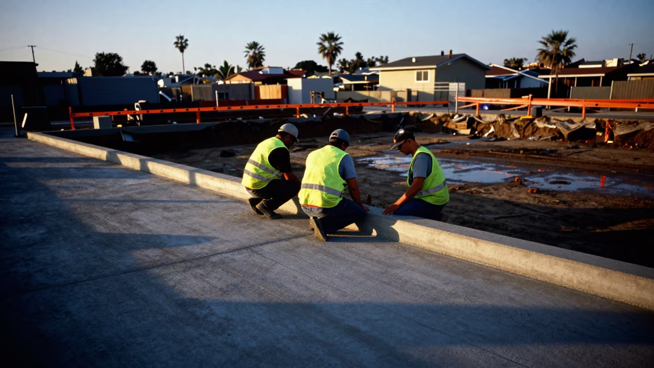 Curb Form Crew Kneeling Over Fresh Concrete in inside a taped-off excavation edge near San Diego