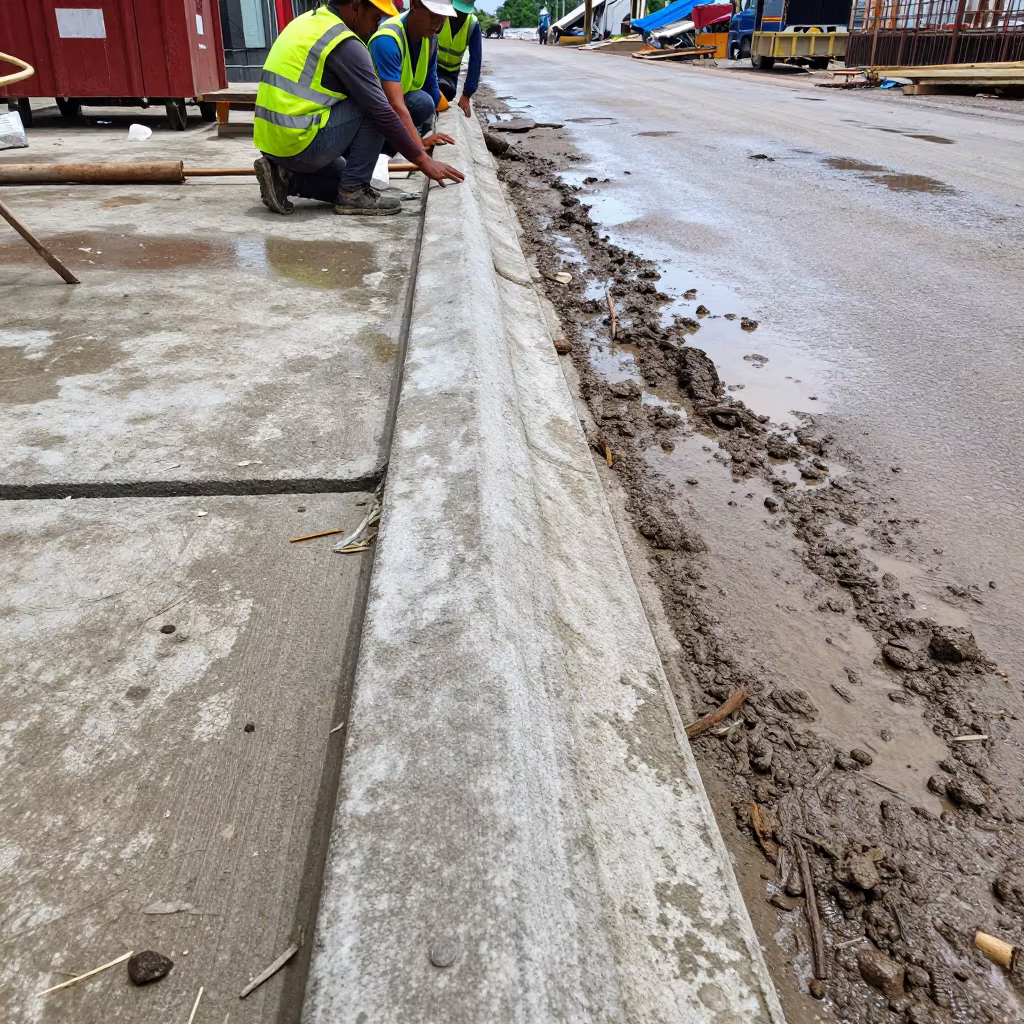 Curb Form Crew Kneeling in Rainy Philippines in at a muddy site access road in Philippines