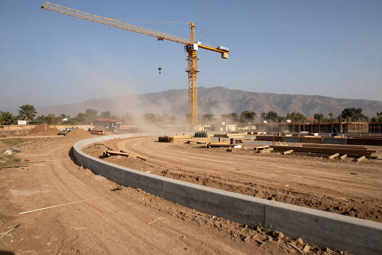 Curved Curb Form Line in Manipur Late Autumn Light in beneath a tower crane on open ground in Manipur