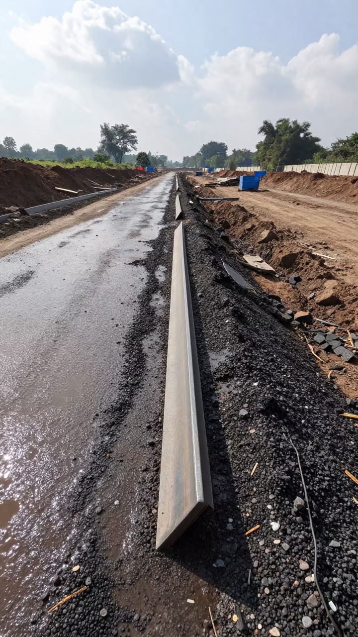 Curb Radius Template on Damp Excavation Ground in inside a taped-off excavation edge in Madhya Pradesh