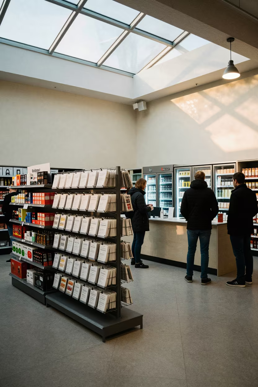 Curbside Note Rack in Stuttgart Hardware Store in beside a seasonal endcap near the sales floor near Stuttgart