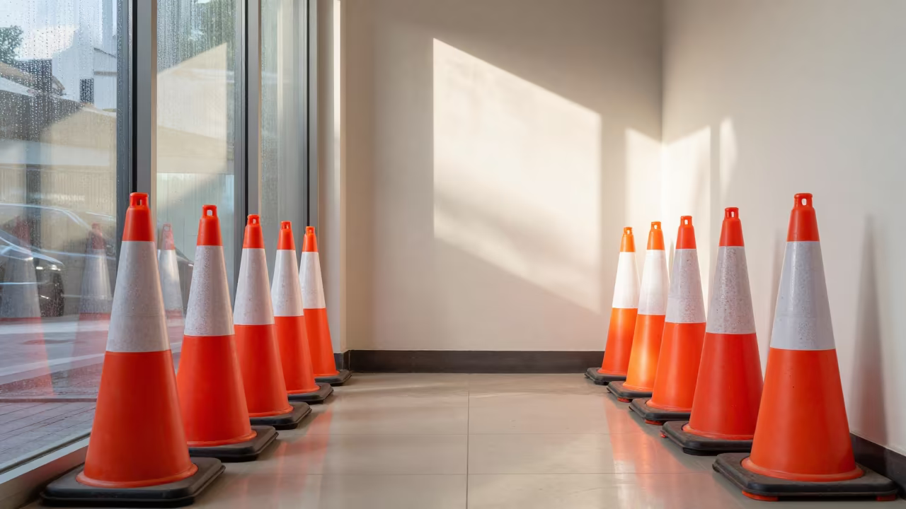 Curbside Pickup Cones Before Store Opens in along a front-of-store display run in Kandy