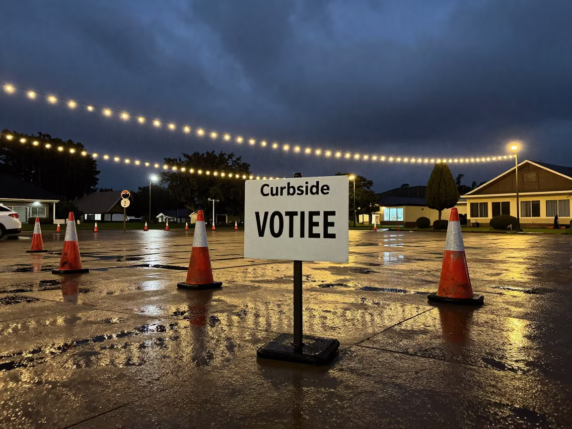 Curbside Voting Sign in Night Rain in in a public square in Enugu