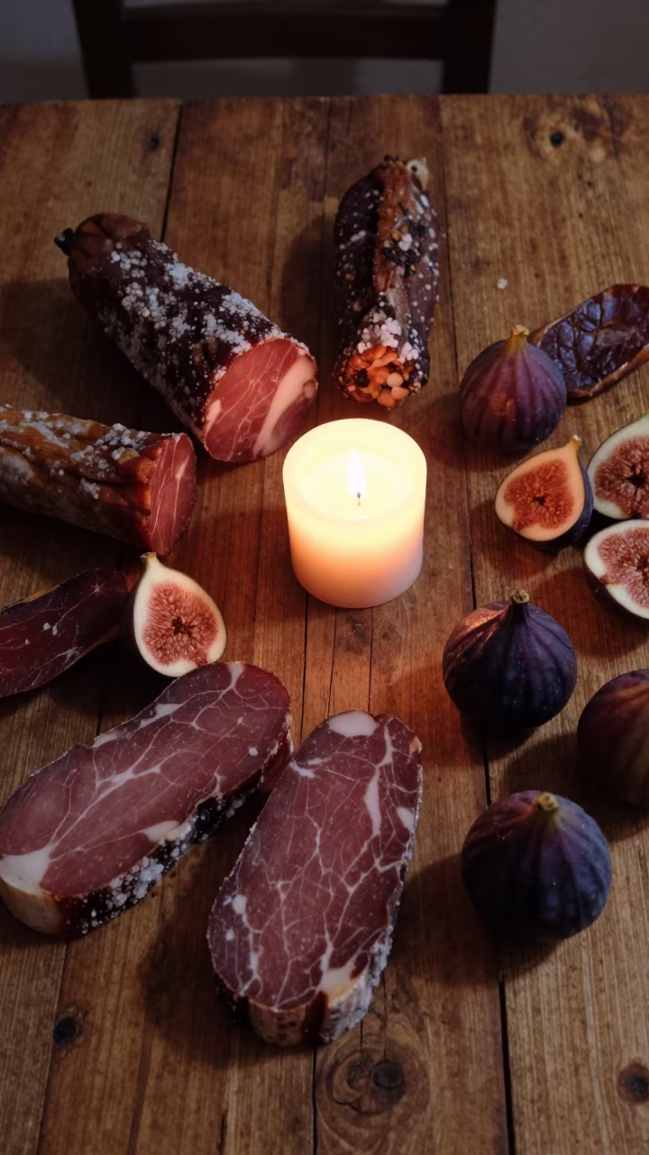 Cured Meats and Figs on Rustic Table at Night in on a rustic wooden table in Isla Margarita