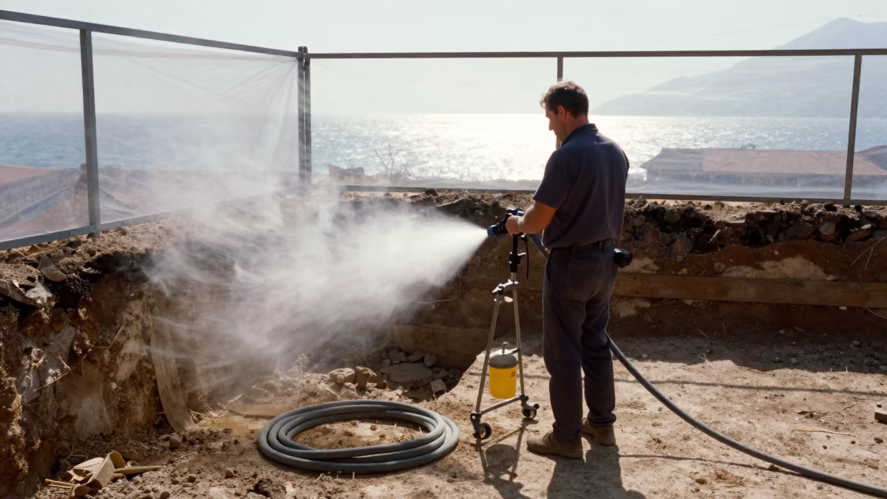 Curing Compound Sprayer Stand Montenegro Excavation in inside a taped-off excavation edge in Montenegro