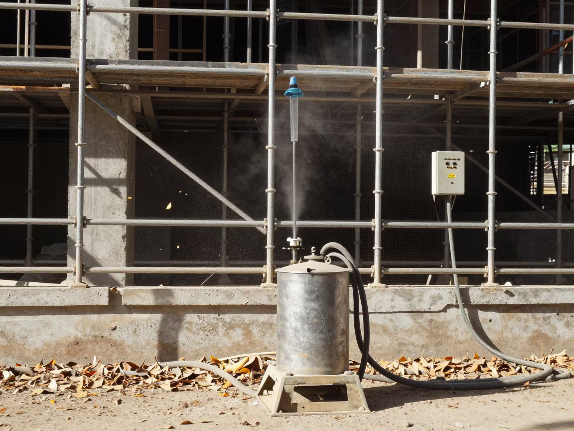Curing Compound Sprayer Stand Quetta Facade in along a scaffolded facade in Quetta