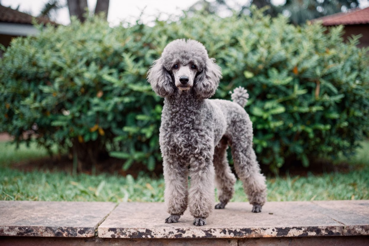 Curitiba Garden Portrait of Standard Poodle in near a garden edge with soft morning light and an uncluttered background in Curitiba