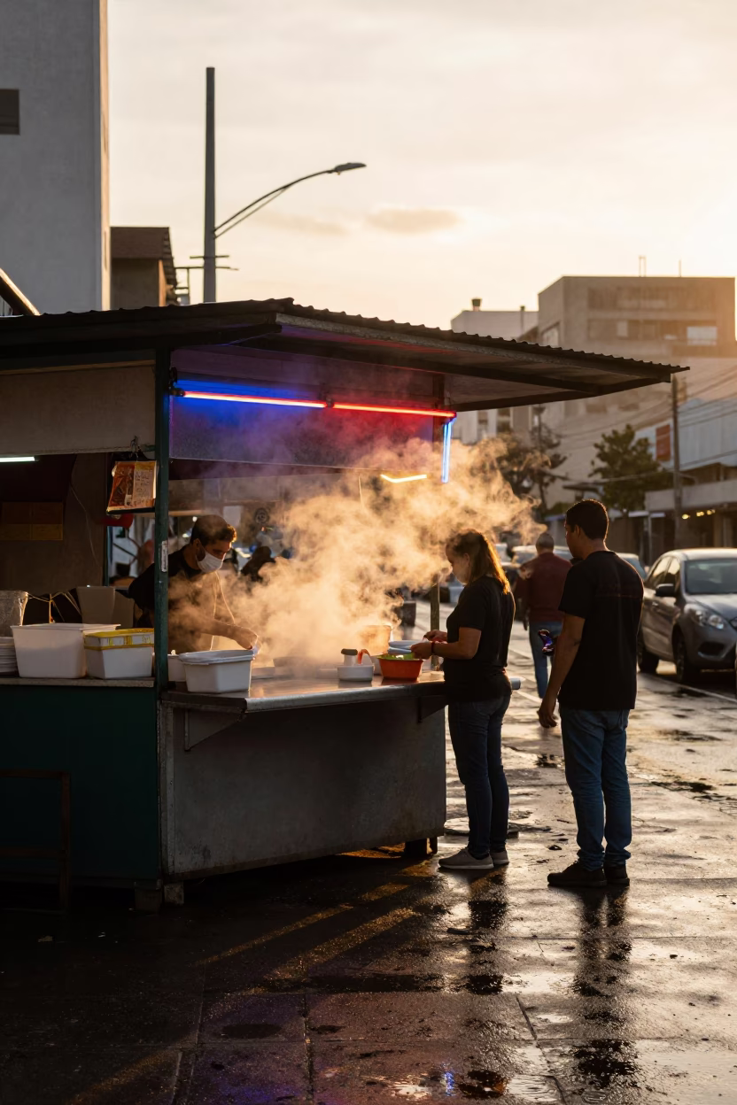 Curitiba Winter Fish Market Neon Steam in by a rain-darkened kiosk in Curitiba