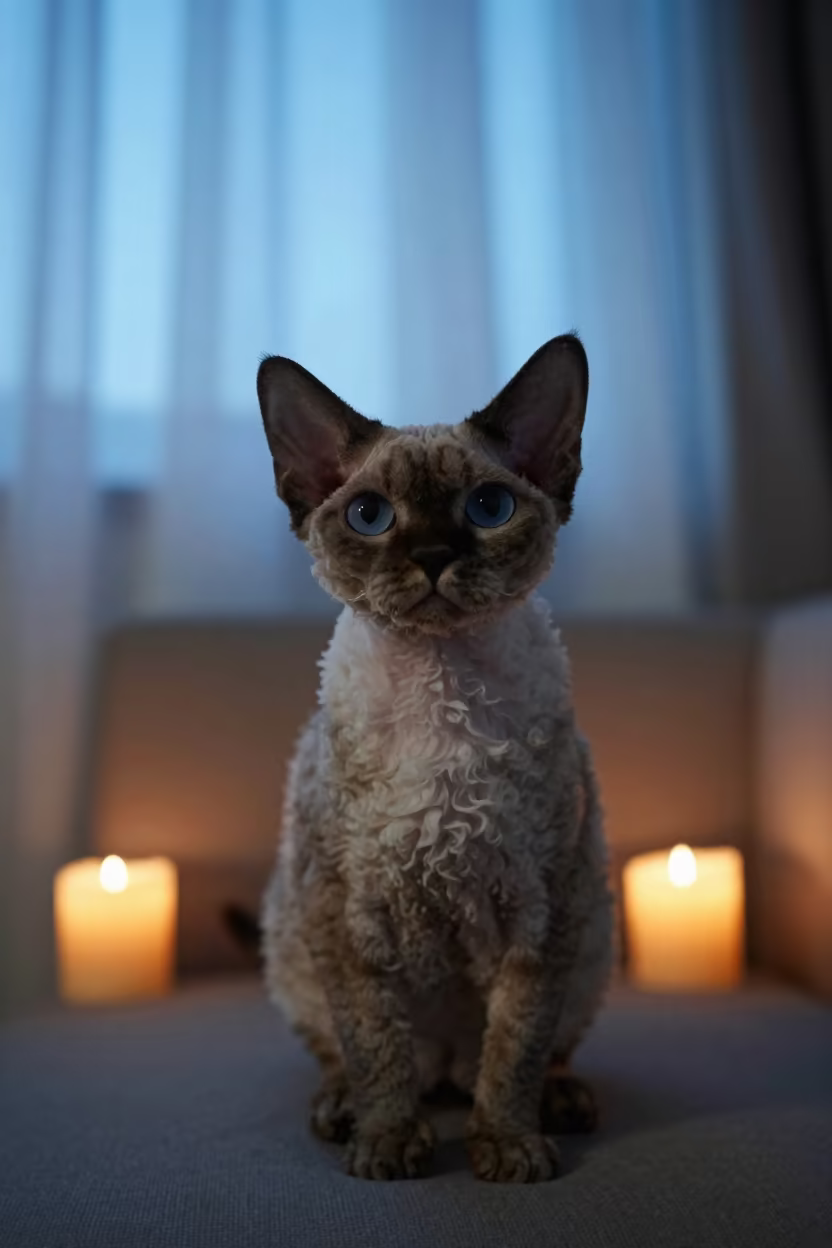 Curled Coat Cornish Rex Cat in Candlelight Portrait in on a sofa near a curtained window with calm indoor light in Venice Beach, Los Angeles