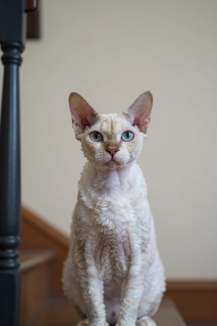 Curled Coat Cornish Rex Portrait Beside Plaster Wall in beside a plain plaster wall in soft indoor light with the animal centered in frame near Mbuji-Mayi