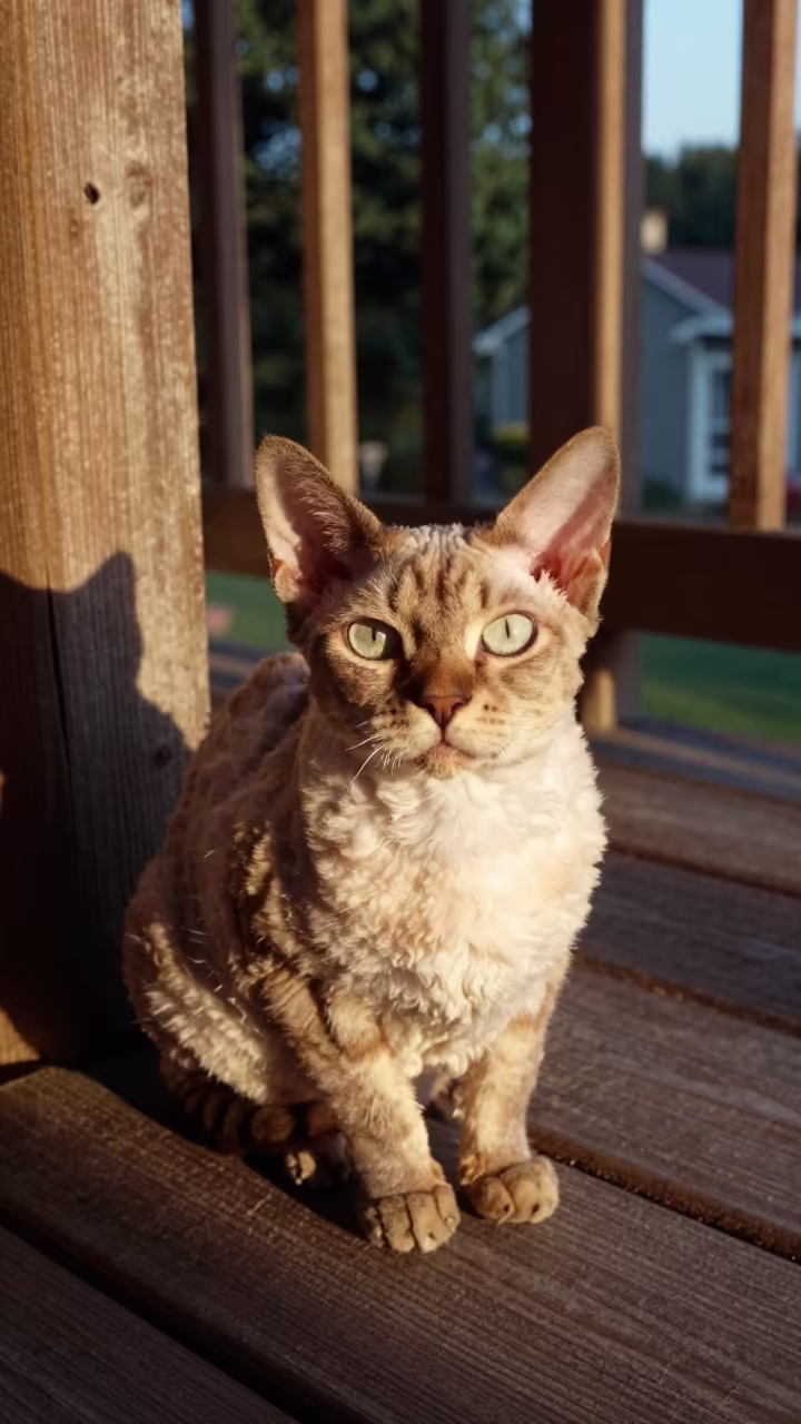 Curled Coat Cornish Rex Portrait in Early Light in on a shaded front porch with boards, railings, and eye-level framing in Batman