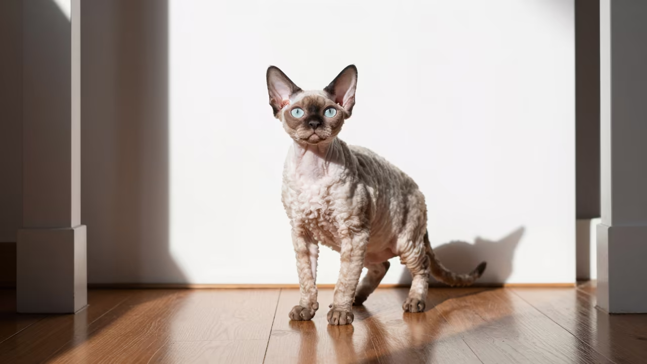Curled Coat Portrait of a Cornish Rex Cat in in a quiet portrait studio with a plain backdrop and eye-level framing near Bremen