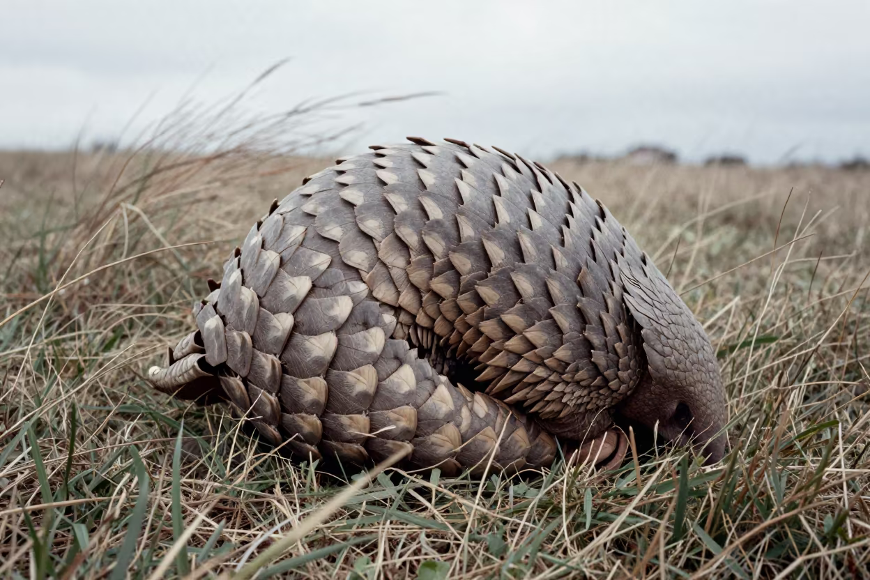 Curled Pangolin in Windy Matola Winter Light in near Matola