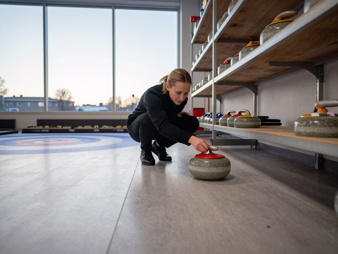 Curling Skip Releasing Stone on Workshop Shelf in on a workshop shelf in Kallio, Helsinki