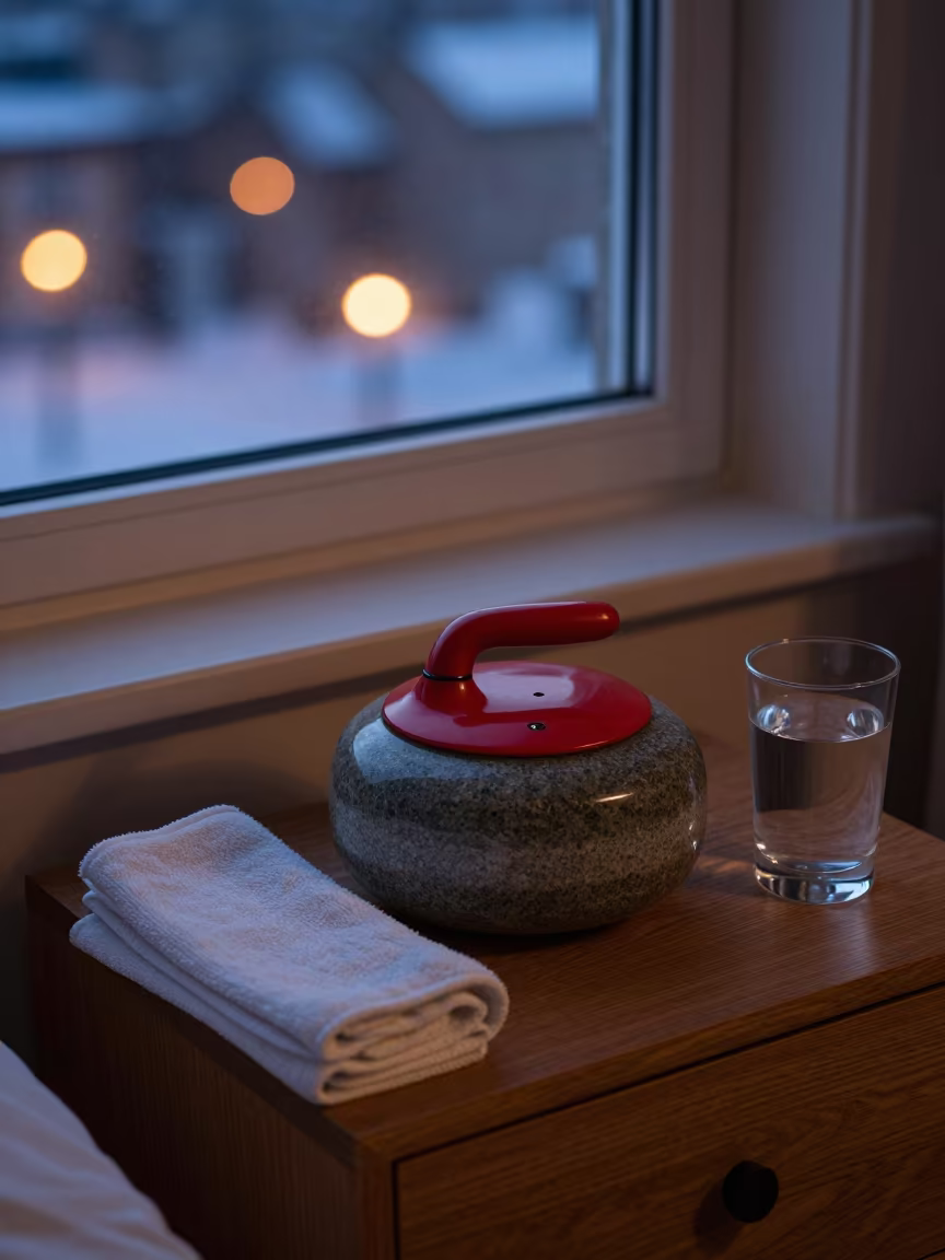 Curling Skip Stone on Sapporo Table in on a bedside table in Sapporo
