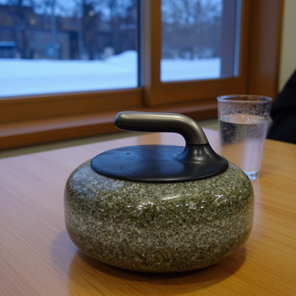 Curling Stone on Sapporo Cafe Table in on a cafe table by a window in Sapporo