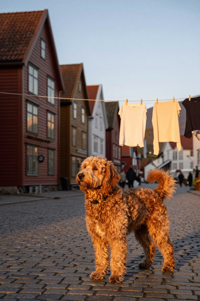 Curly-Coated Retriever and Clothesline in Bergen Norway Honeyed Evening Light in in Bergen, Norway