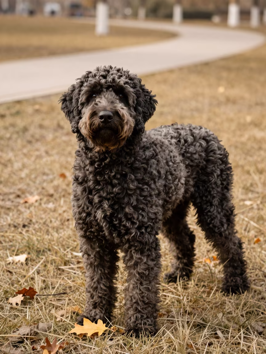 Curly-Coated Retriever in Autumn Park Shade in along a quiet park path with soft open shade and a clean background in Ekibastuz