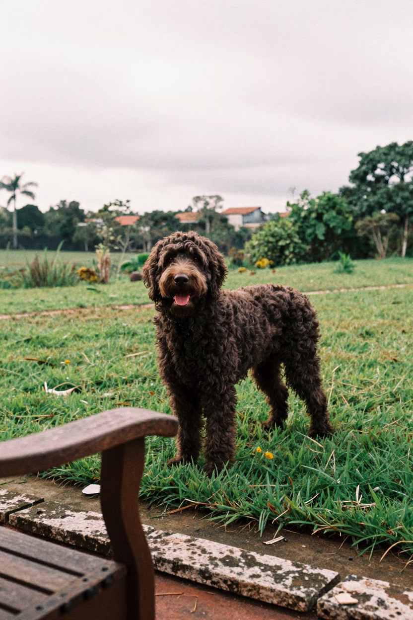 Curly-Coated Retriever in Campinas Morning Light in near a garden edge with soft morning light and an uncluttered background in Campinas
