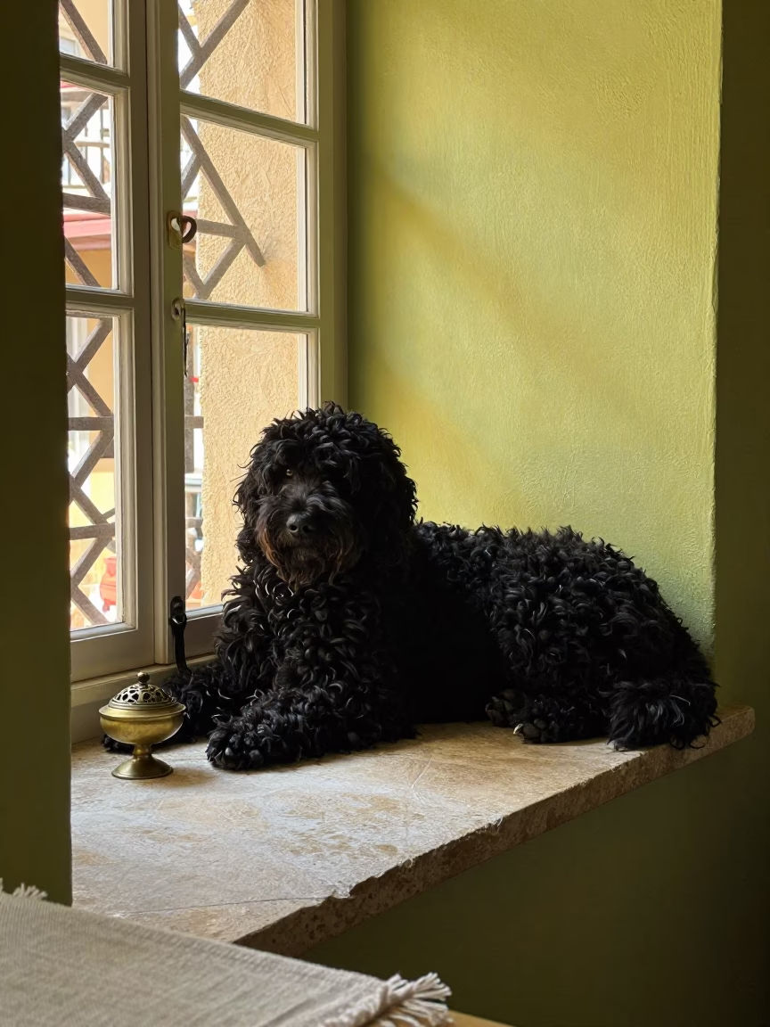 Curly-Coated Retriever on Fez Window Seat in on a window seat in a quiet apartment with soft side light in Fez
