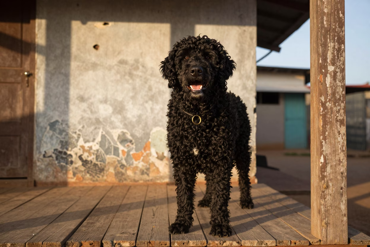 Curly-Coated Retriever on Mombasa Porch in on a shaded front porch with boards, railings, and eye-level framing near Mombasa
