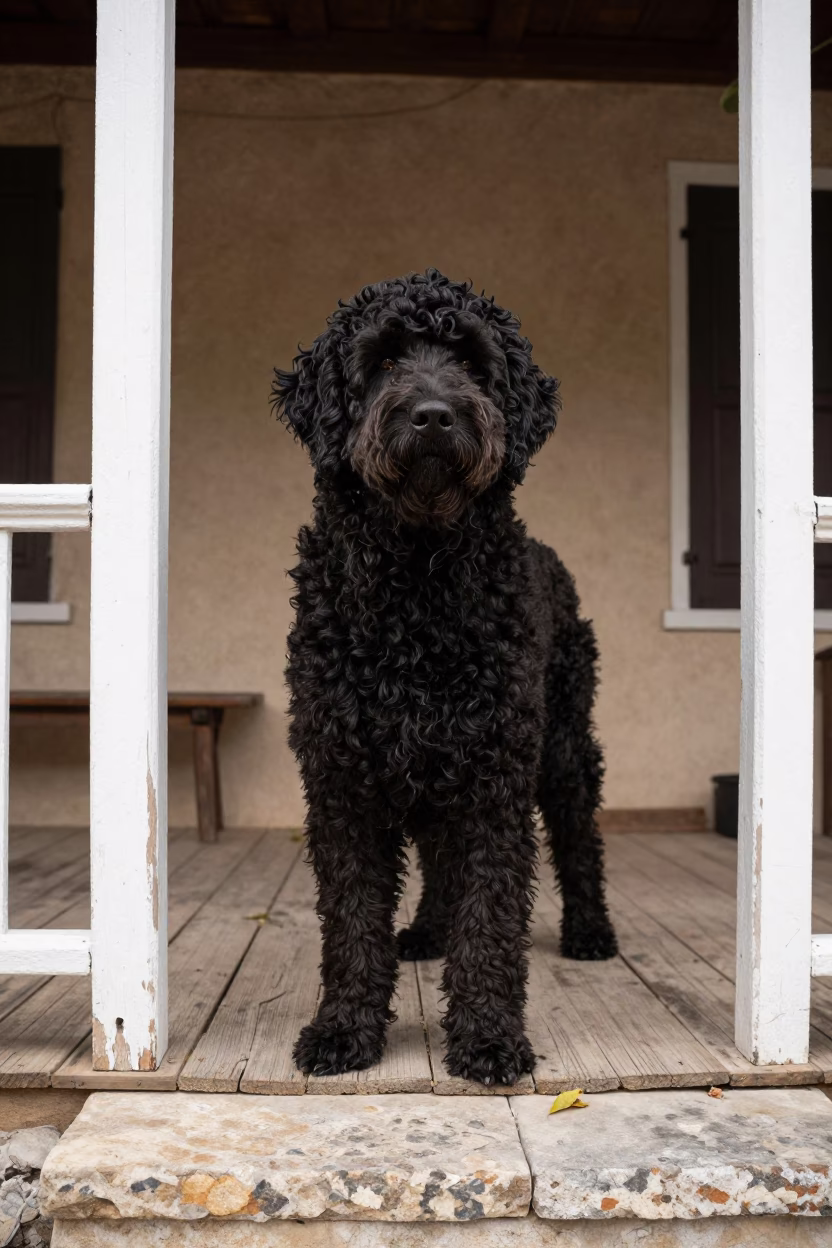 Curly-Coated Retriever on Shaded Beirut Porch in on a shaded front porch with boards, railings, and eye-level framing in Downtown, Beirut
