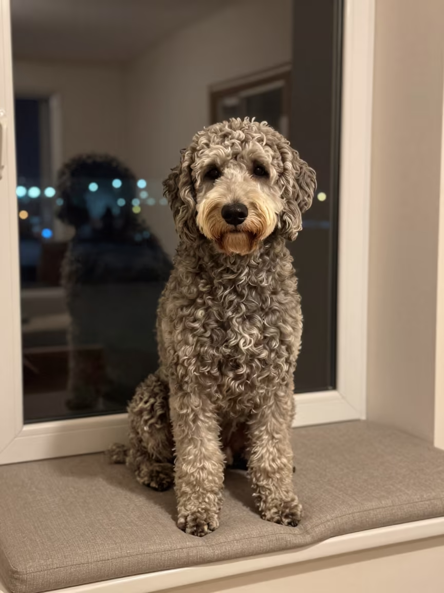 Curly-Coated Retriever on Window Seat Douma in on a cushioned window seat with soft side light and an uncluttered background in Douma