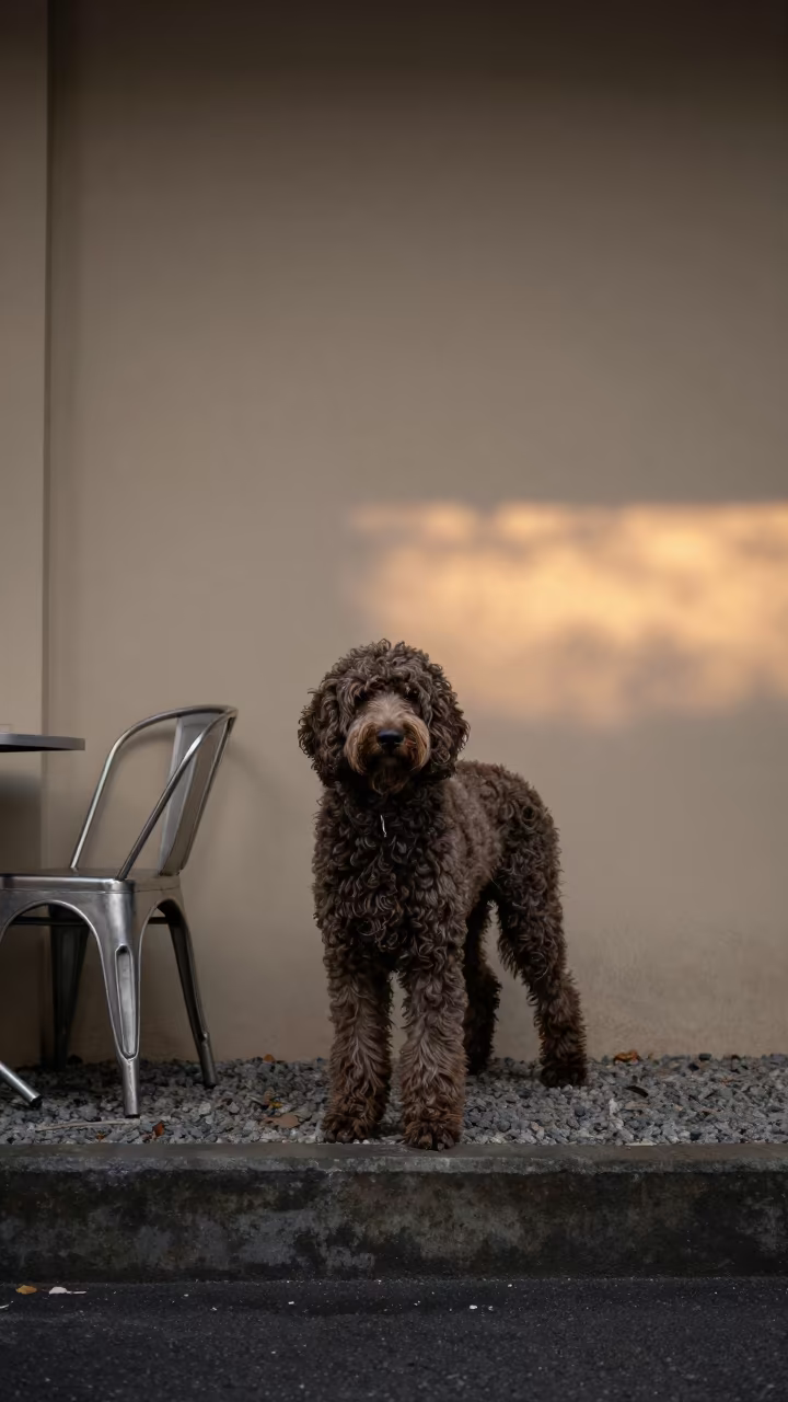 Curly-Coated Retriever Portrait in Ho Chi Minh City in beside a plain courtyard wall in clear daylight with the animal at eye level near Binh Thanh, Ho Chi Minh City