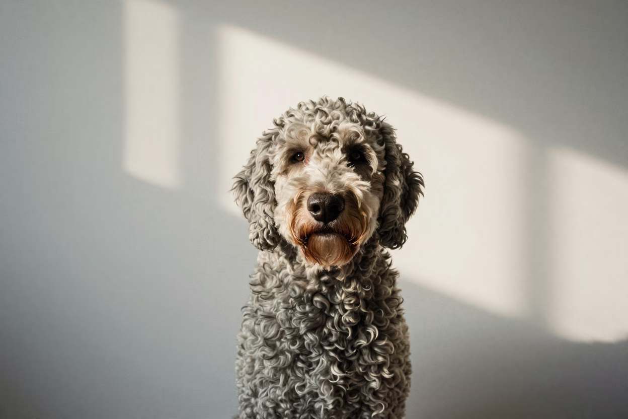 Curly-Coated Retriever Portrait in Jaipur Studio in in a quiet portrait studio with a plain backdrop and eye-level framing in Hawa Mahal Road, Jaipur