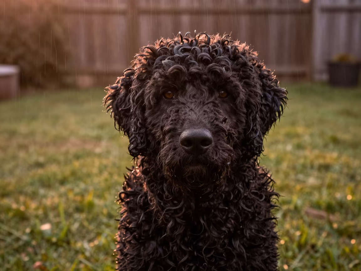 Curly-Coated Retriever Portrait in Kano Yard in in a small yard with clipped grass, calm light, and the animal centered in frame in Kano