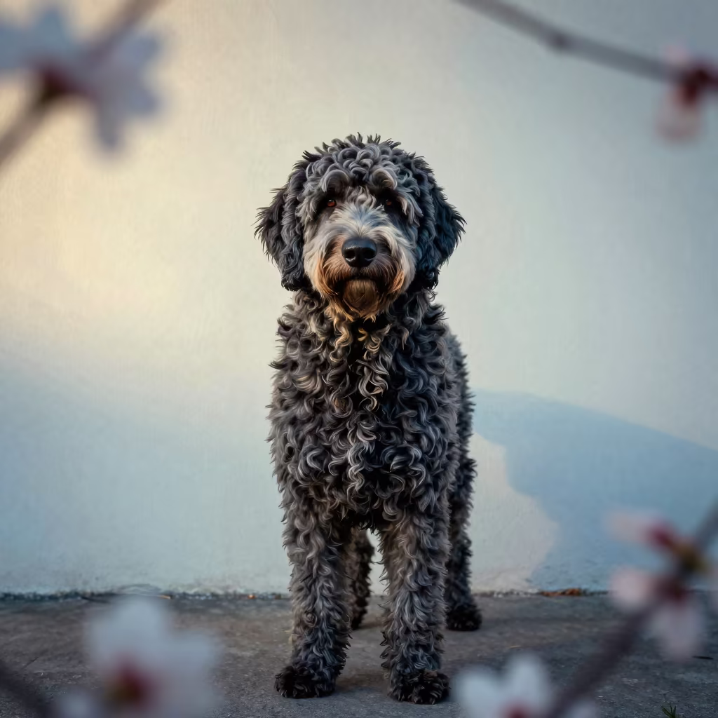 Curly-Coated Retriever Portrait in Neon Light in beside a plain plaster wall in soft indoor light with the animal centered in frame near Leiden