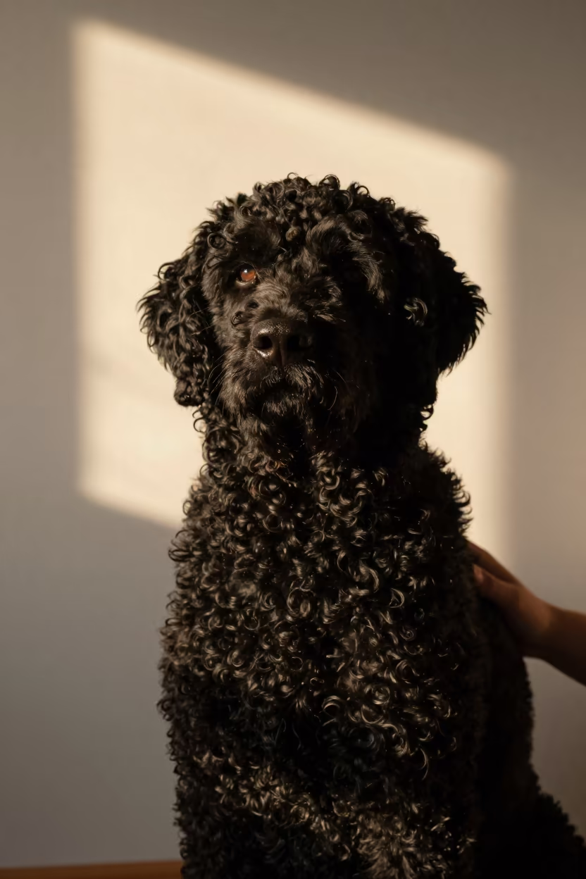 Curly-Coated Retriever Portrait in Soft Nellore Light in beside a plain plaster wall in soft indoor light with the animal centered in frame in Nellore