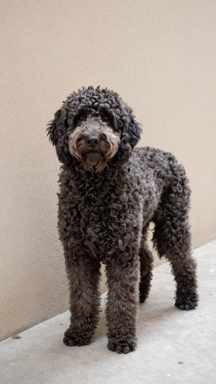 Curly-Coated Retriever Portrait in Wuhan Courtyard in beside a plain courtyard wall in clear daylight with the animal at eye level in Wuhan