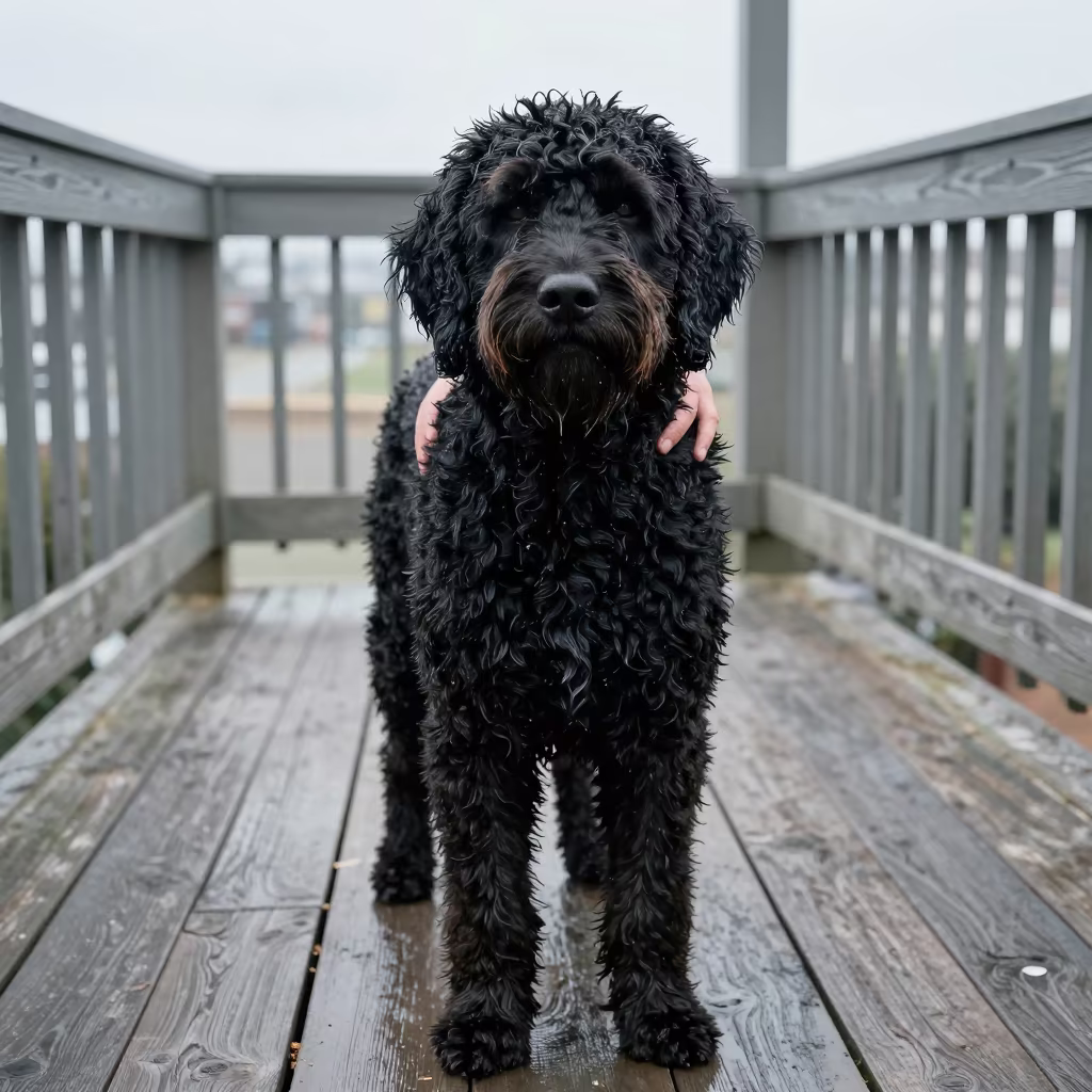 Curly-Coated Retriever Portrait on Shaded LA Porch in on a shaded front porch with boards, railings, and eye-level framing near Los Angeles