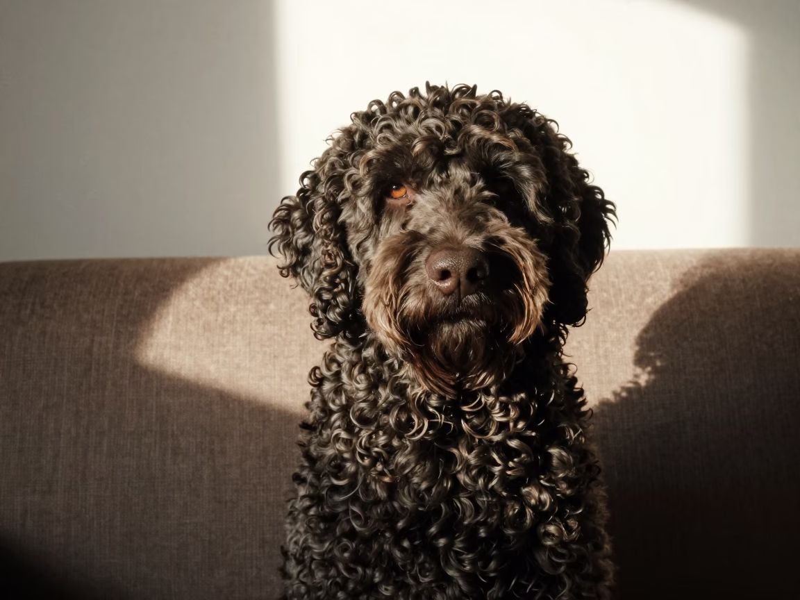 Curly-Coated Retriever Portrait on Sofa in on a sofa near a curtained window with calm indoor light in Mazatlan